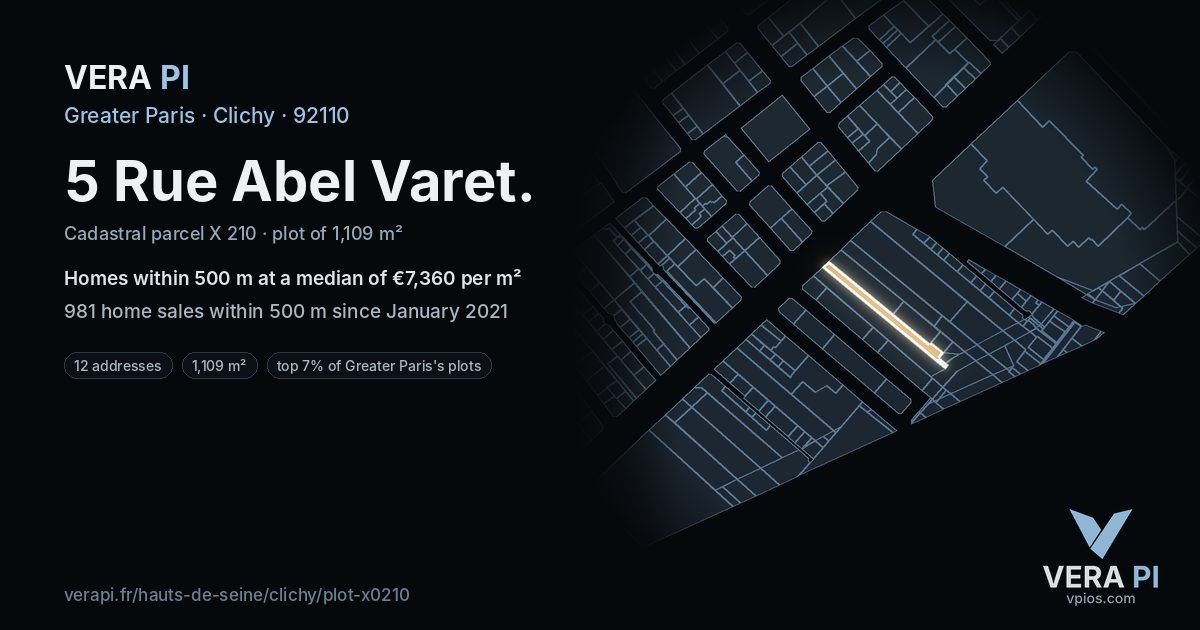 5 Rue Abel Varet, Clichy at night – the plot lit, the parcels around coloured by the prices near them