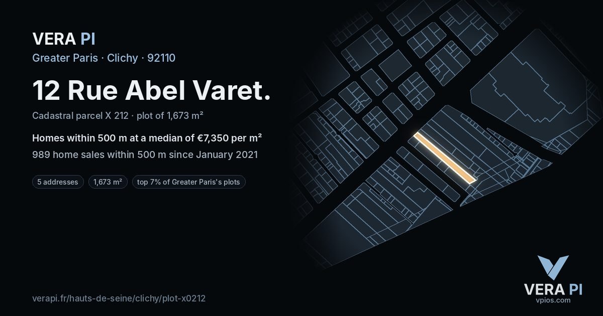 12 Rue Abel Varet, Clichy at night – the plot lit, the parcels around coloured by the prices near them