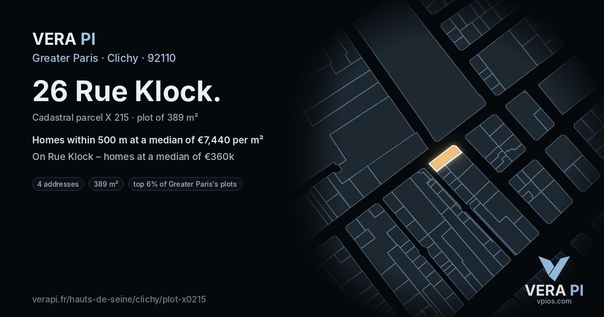 26 Rue Klock, Clichy at night – the plot lit, the parcels around coloured by the prices near them