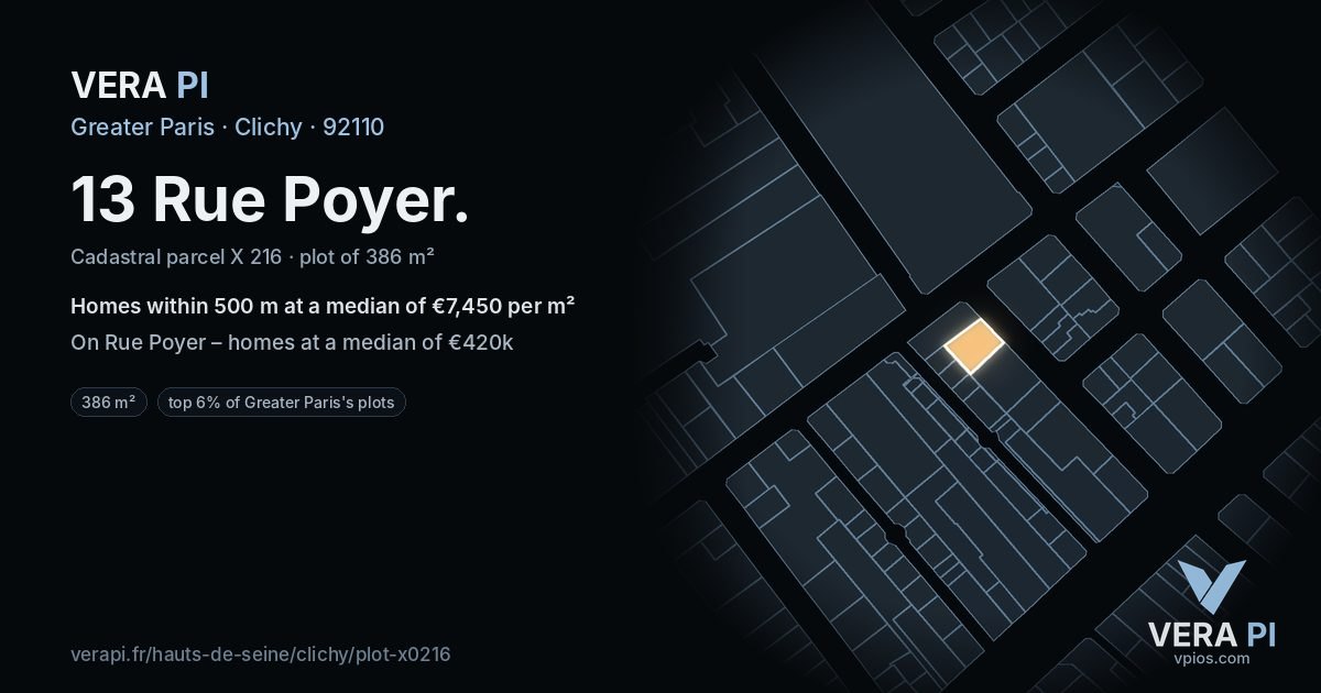 13 Rue Poyer, Clichy at night – the plot lit, the parcels around coloured by the prices near them
