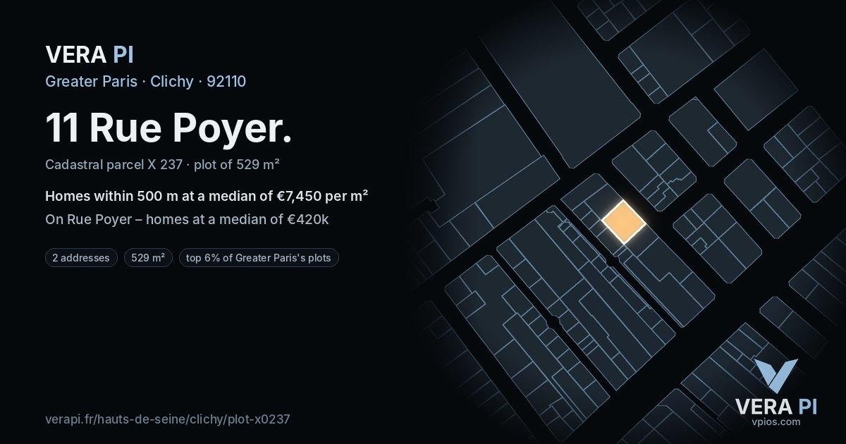 11 Rue Poyer, Clichy at night – the plot lit, the parcels around coloured by the prices near them