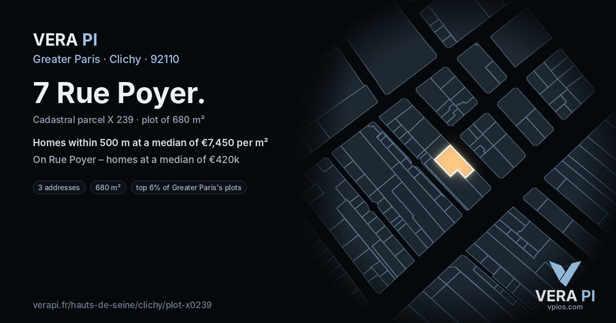 7 Rue Poyer, Clichy at night – the plot lit, the parcels around coloured by the prices near them