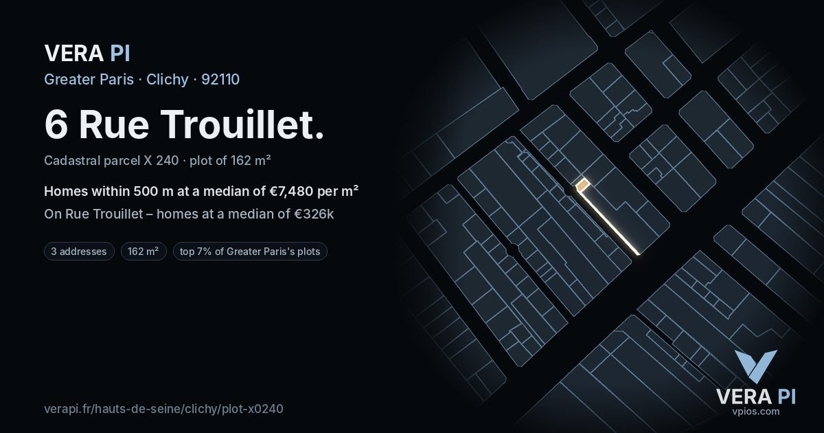 6 Rue Trouillet, Clichy at night – the plot lit, the parcels around coloured by the prices near them