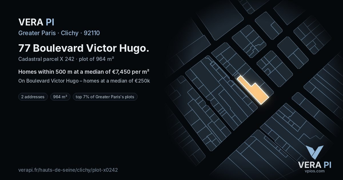 77 Boulevard Victor Hugo, Clichy at night – the plot lit, the parcels around coloured by the prices near them