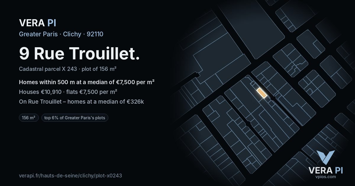 9 Rue Trouillet, Clichy at night – the plot lit, the parcels around coloured by the prices near them
