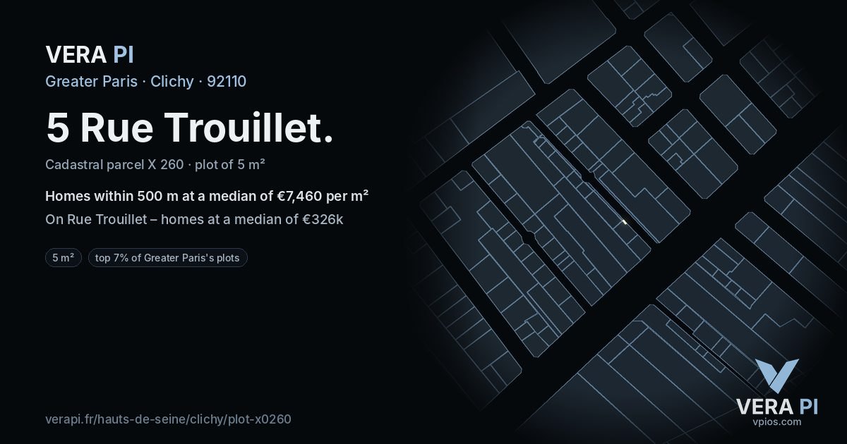 5 Rue Trouillet, Clichy at night – the plot lit, the parcels around coloured by the prices near them