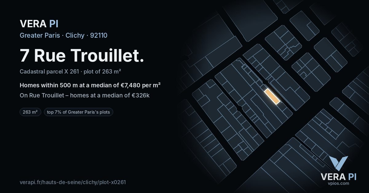 7 Rue Trouillet, Clichy at night – the plot lit, the parcels around coloured by the prices near them