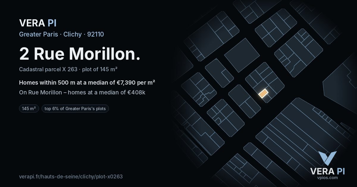 2 Rue Morillon, Clichy at night – the plot lit, the parcels around coloured by the prices near them