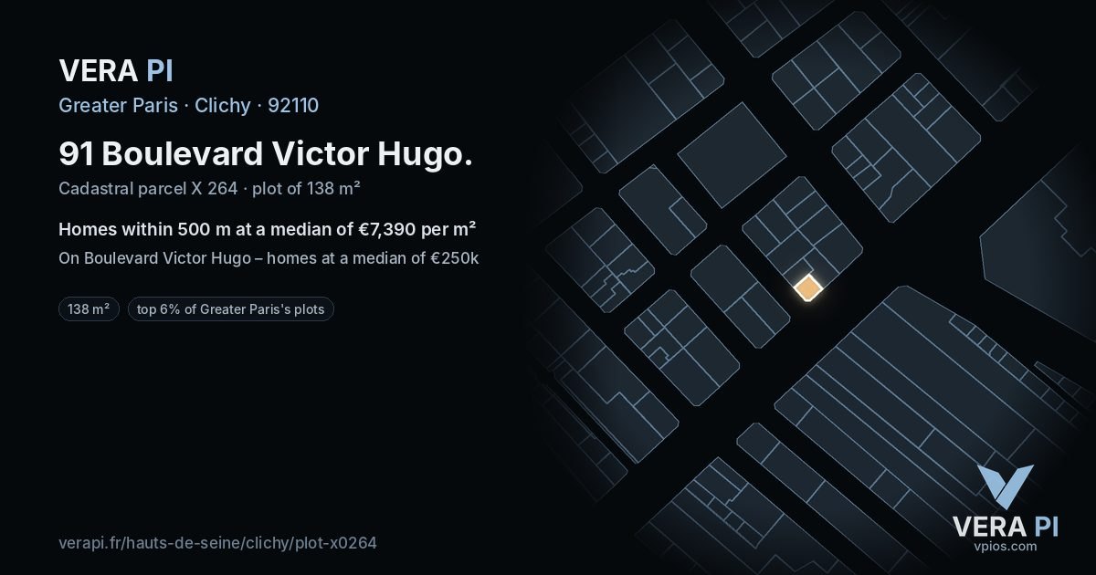 91 Boulevard Victor Hugo, Clichy at night – the plot lit, the parcels around coloured by the prices near them