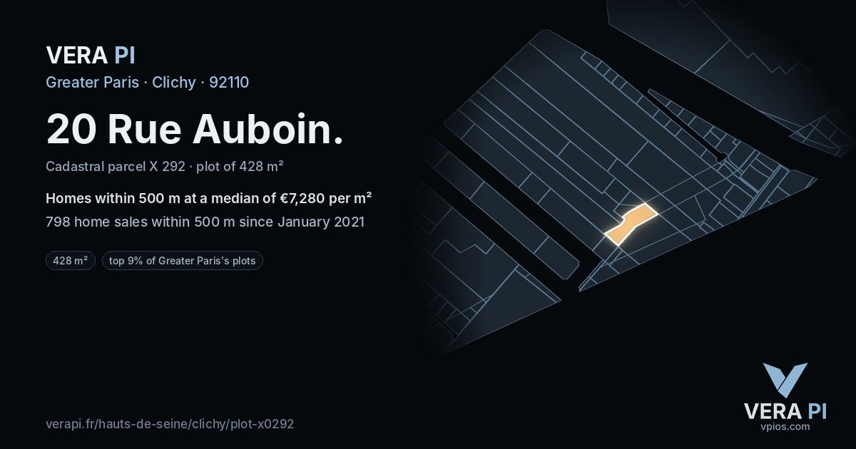 20 Rue Auboin, Clichy at night – the plot lit, the parcels around coloured by the prices near them