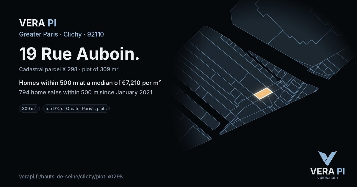 19 Rue Auboin, Clichy at night – the plot lit, the parcels around coloured by the prices near them