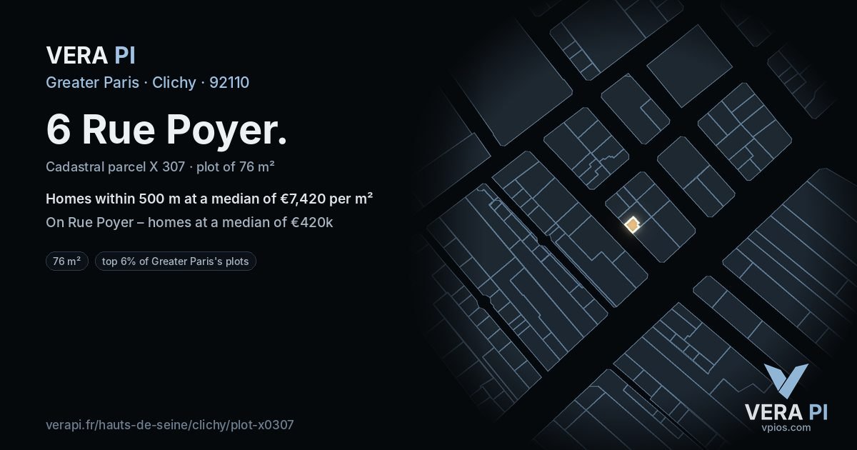6 Rue Poyer, Clichy at night – the plot lit, the parcels around coloured by the prices near them