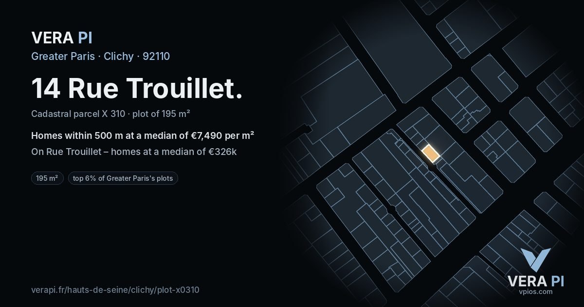 14 Rue Trouillet, Clichy at night – the plot lit, the parcels around coloured by the prices near them