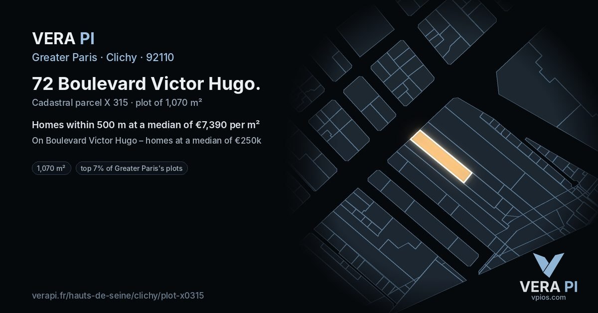 72 Boulevard Victor Hugo, Clichy at night – the plot lit, the parcels around coloured by the prices near them