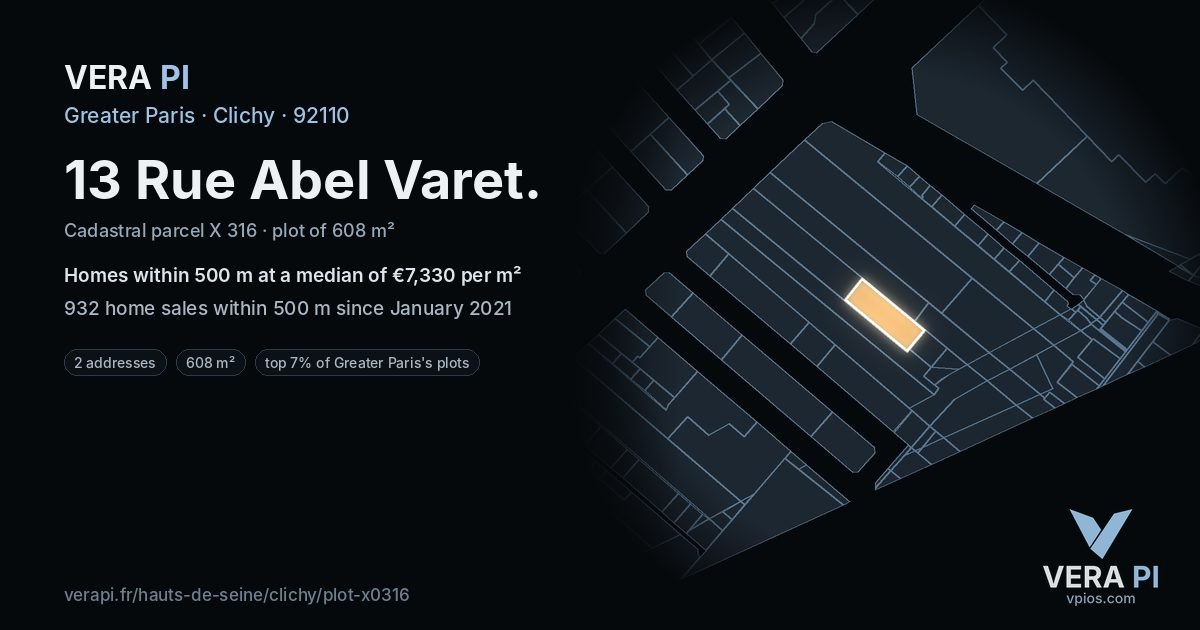 13 Rue Abel Varet, Clichy at night – the plot lit, the parcels around coloured by the prices near them