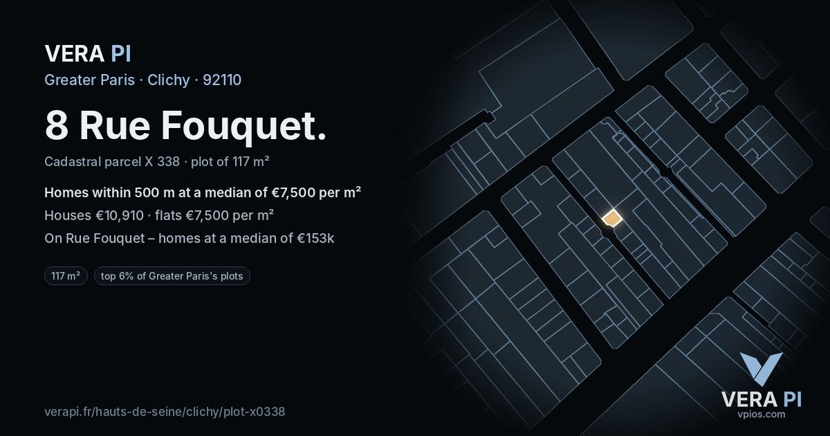 8 Rue Fouquet, Clichy at night – the plot lit, the parcels around coloured by the prices near them