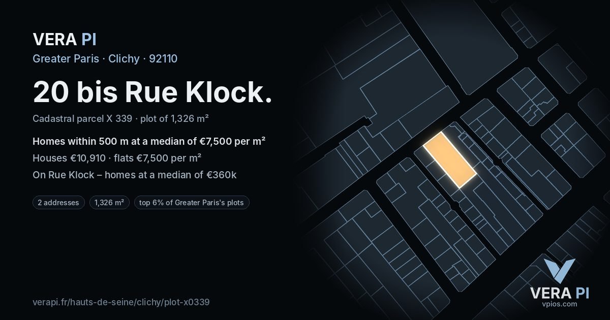 20 bis Rue Klock, Clichy at night – the plot lit, the parcels around coloured by the prices near them
