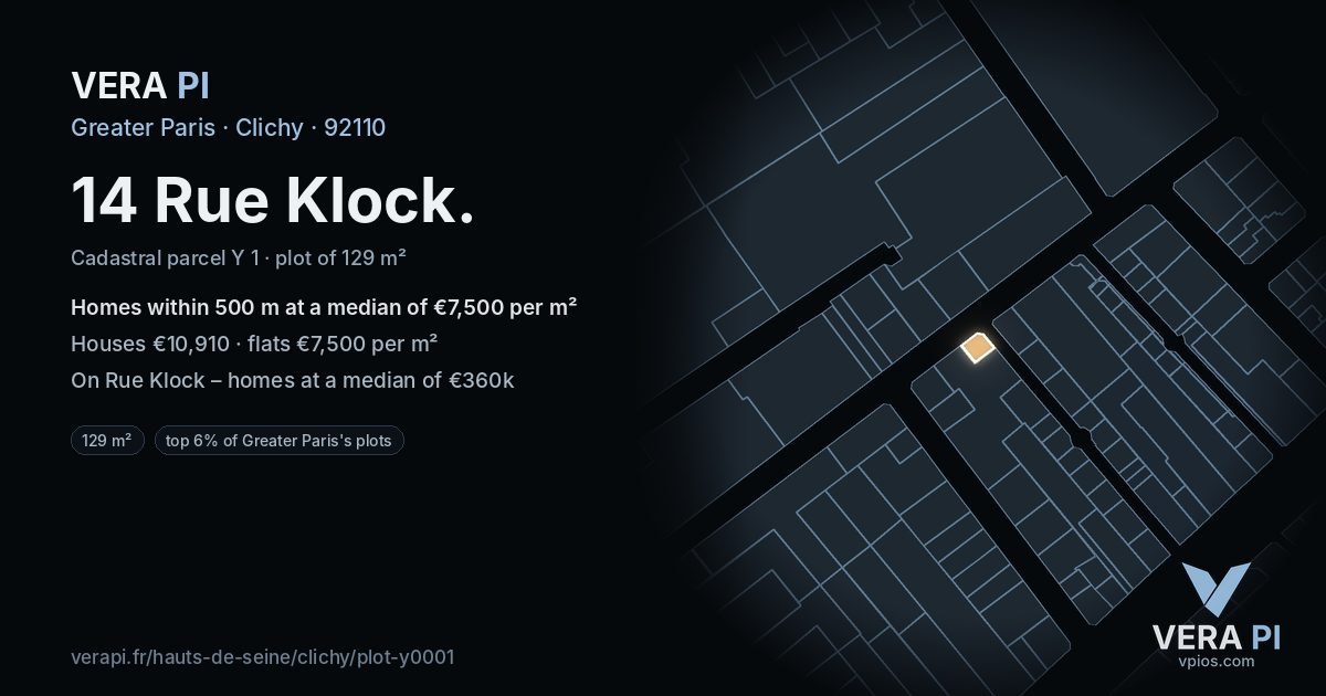 14 Rue Klock, Clichy at night – the plot lit, the parcels around coloured by the prices near them