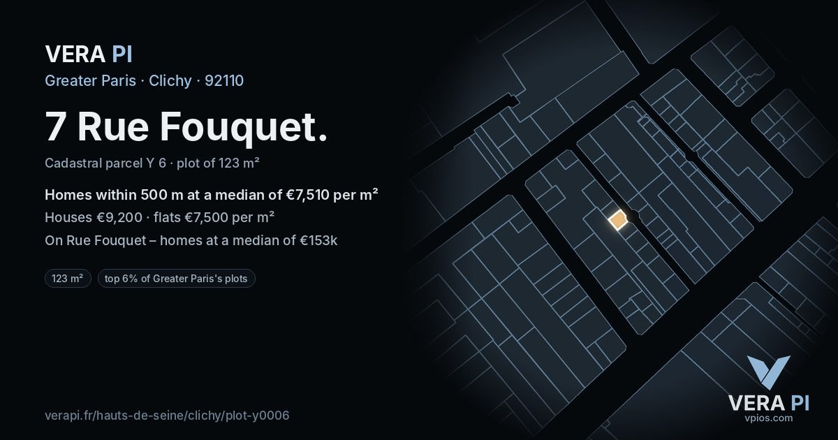7 Rue Fouquet, Clichy at night – the plot lit, the parcels around coloured by the prices near them