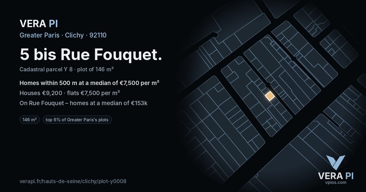 5 bis Rue Fouquet, Clichy at night – the plot lit, the parcels around coloured by the prices near them