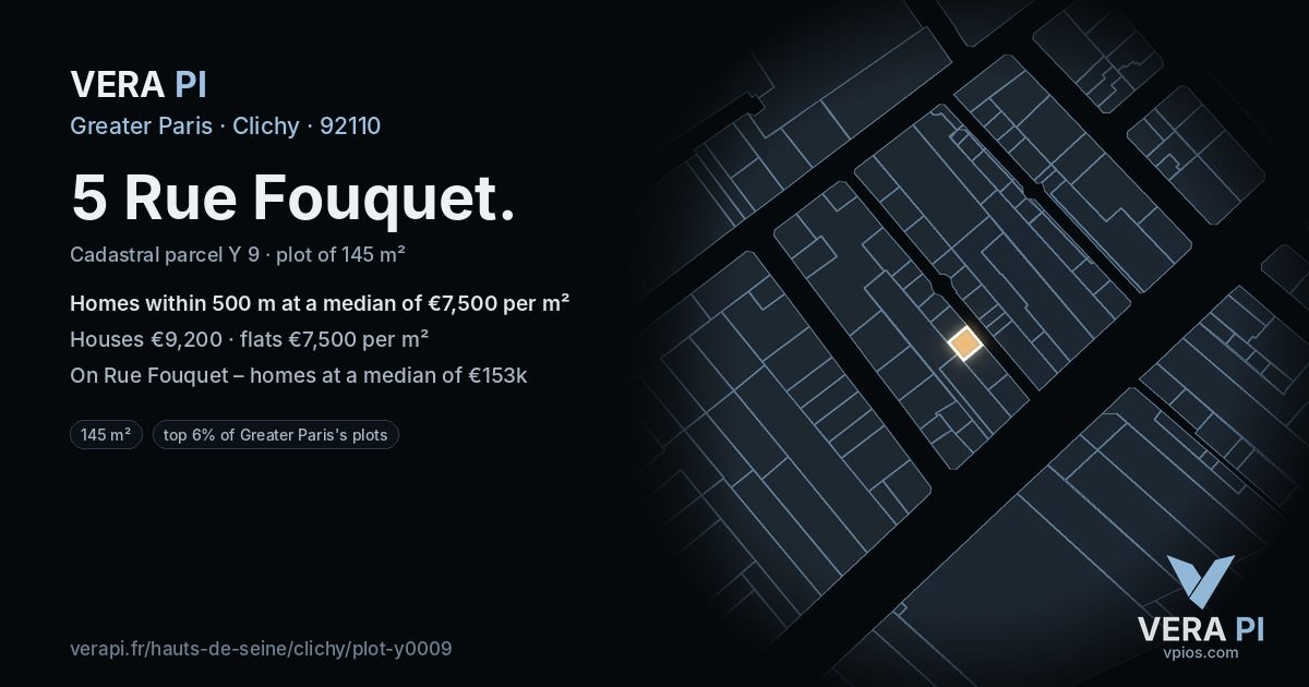 5 Rue Fouquet, Clichy at night – the plot lit, the parcels around coloured by the prices near them