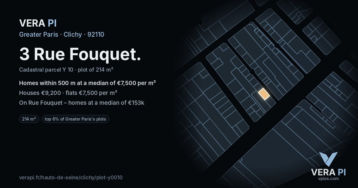 3 Rue Fouquet, Clichy at night – the plot lit, the parcels around coloured by the prices near them