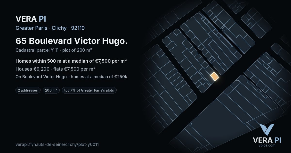 65 Boulevard Victor Hugo, Clichy at night – the plot lit, the parcels around coloured by the prices near them