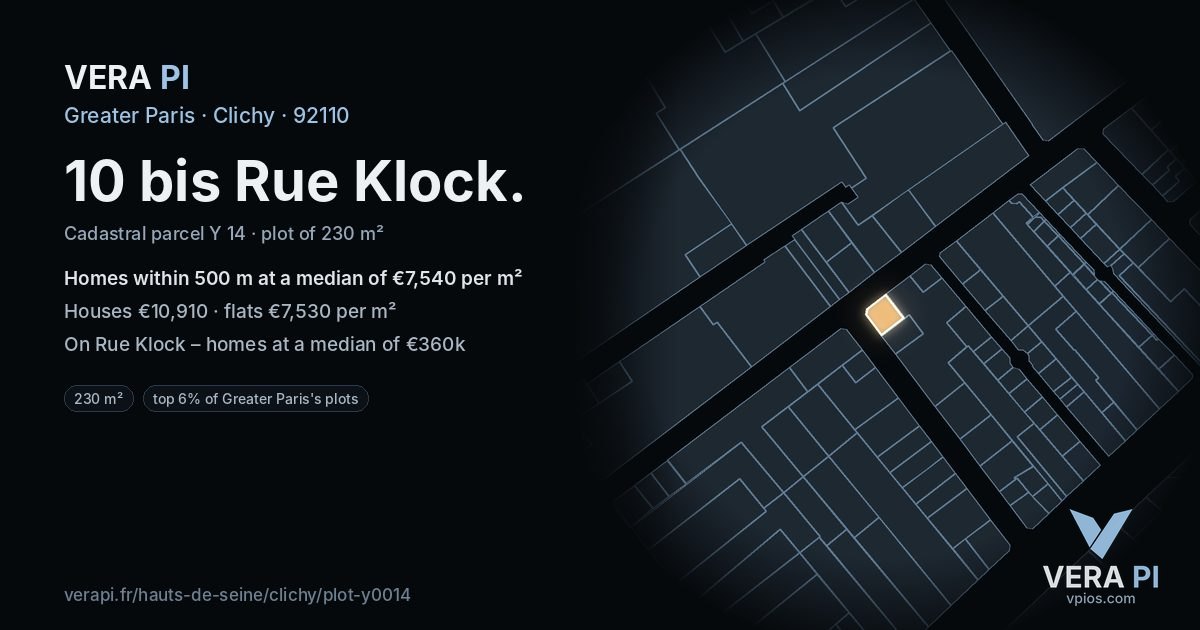 10 bis Rue Klock, Clichy at night – the plot lit, the parcels around coloured by the prices near them