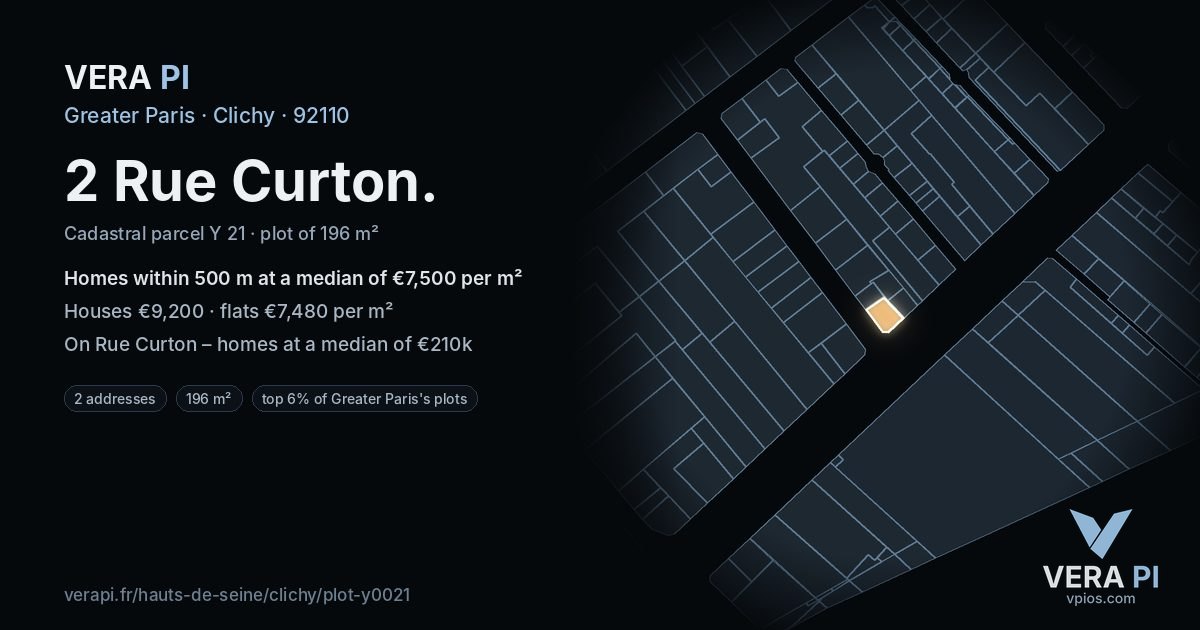 2 Rue Curton, Clichy at night – the plot lit, the parcels around coloured by the prices near them