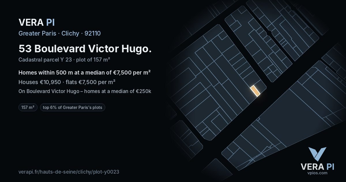 53 Boulevard Victor Hugo, Clichy at night – the plot lit, the parcels around coloured by the prices near them