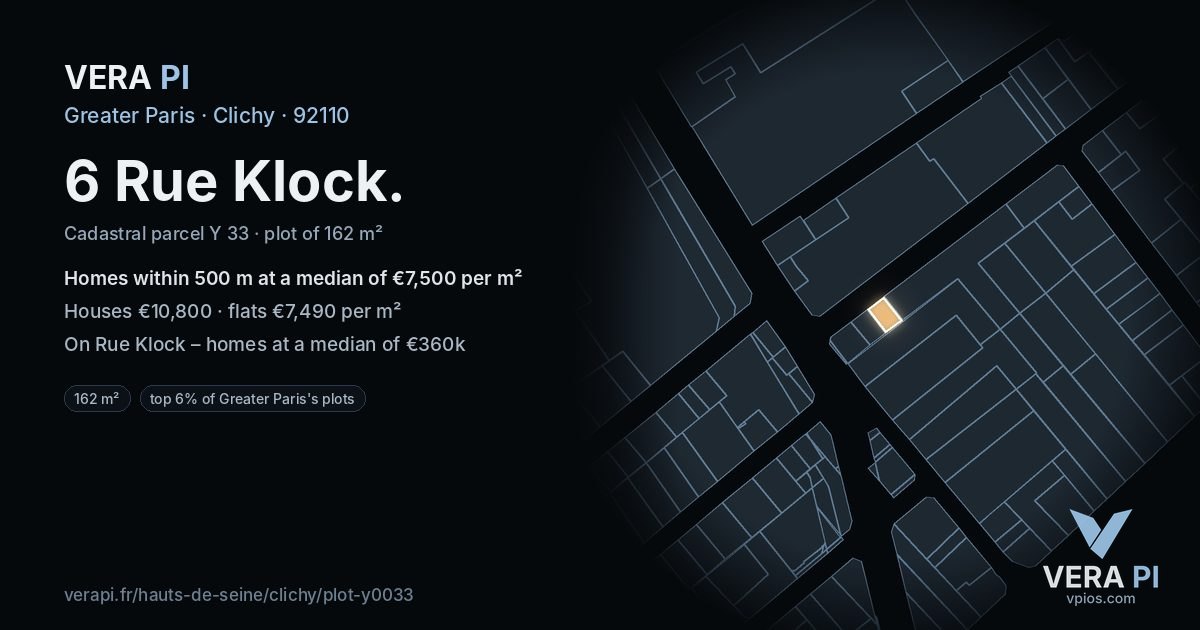 6 Rue Klock, Clichy at night – the plot lit, the parcels around coloured by the prices near them