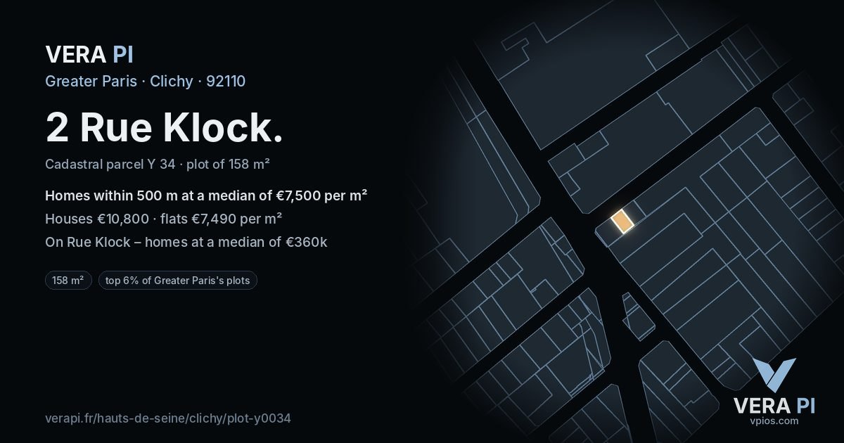 2 Rue Klock, Clichy at night – the plot lit, the parcels around coloured by the prices near them