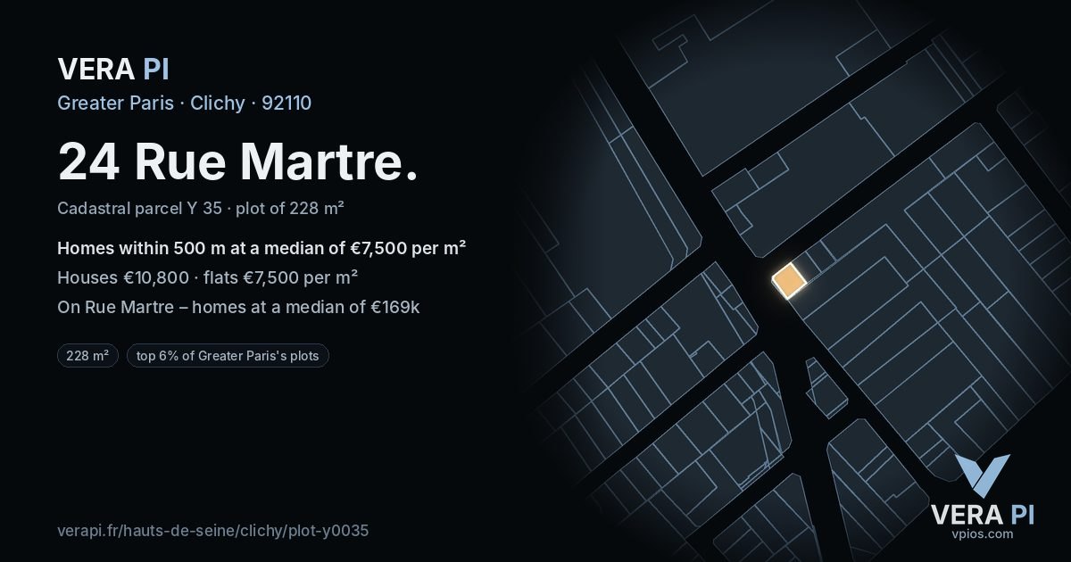 24 Rue Martre, Clichy at night – the plot lit, the parcels around coloured by the prices near them