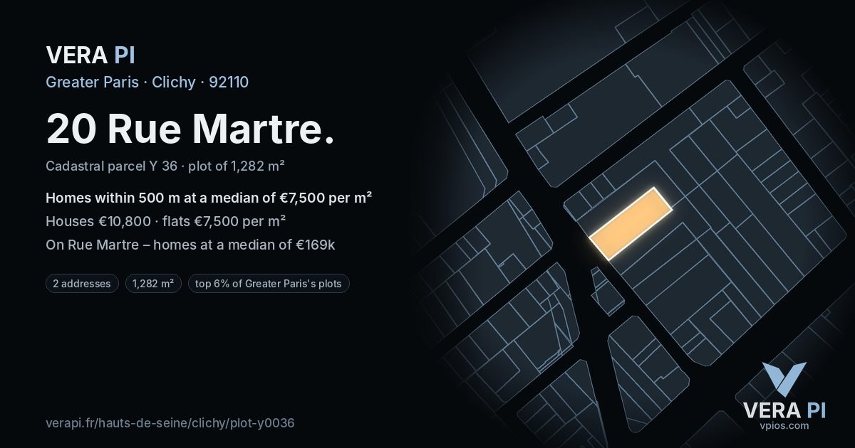 20 Rue Martre, Clichy at night – the plot lit, the parcels around coloured by the prices near them