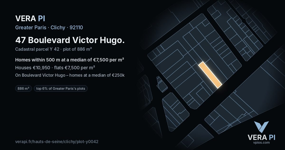 47 Boulevard Victor Hugo, Clichy at night – the plot lit, the parcels around coloured by the prices near them