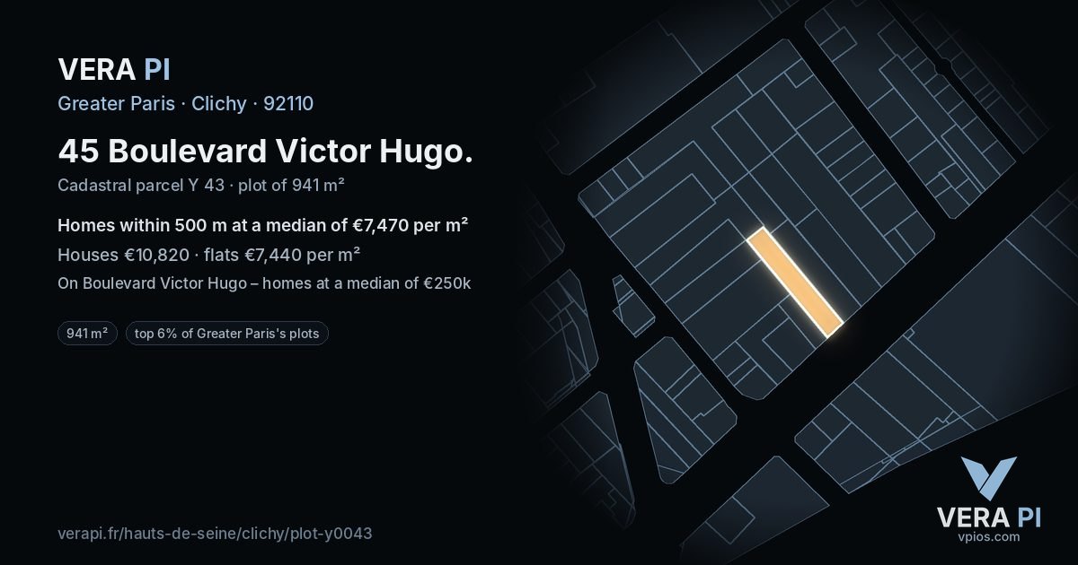 45 Boulevard Victor Hugo, Clichy at night – the plot lit, the parcels around coloured by the prices near them