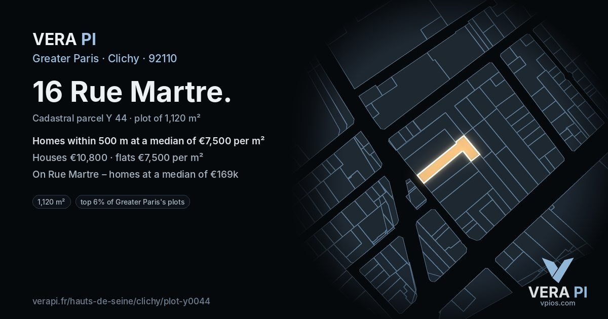 16 Rue Martre, Clichy at night – the plot lit, the parcels around coloured by the prices near them
