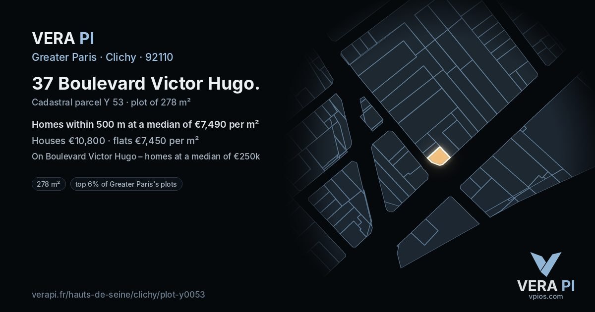 37 Boulevard Victor Hugo, Clichy at night – the plot lit, the parcels around coloured by the prices near them