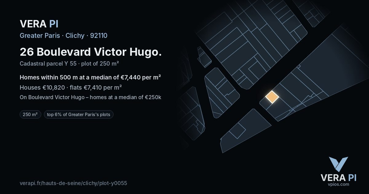 26 Boulevard Victor Hugo, Clichy at night – the plot lit, the parcels around coloured by the prices near them