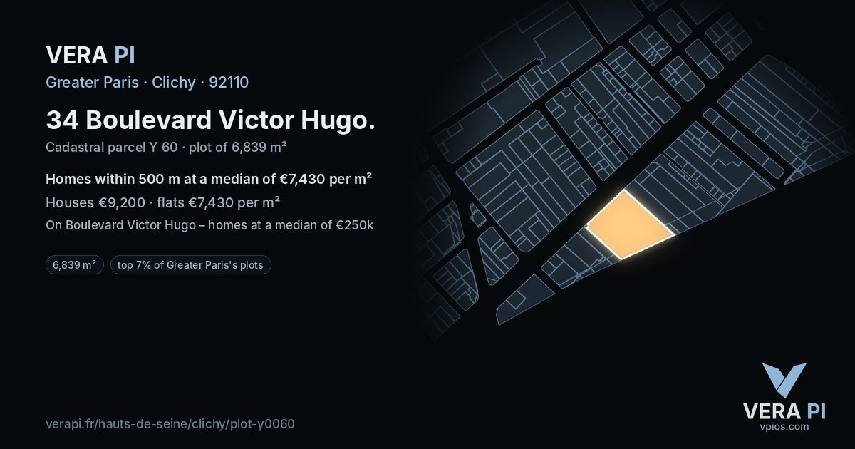 34 Boulevard Victor Hugo, Clichy at night – the plot lit, the parcels around coloured by the prices near them