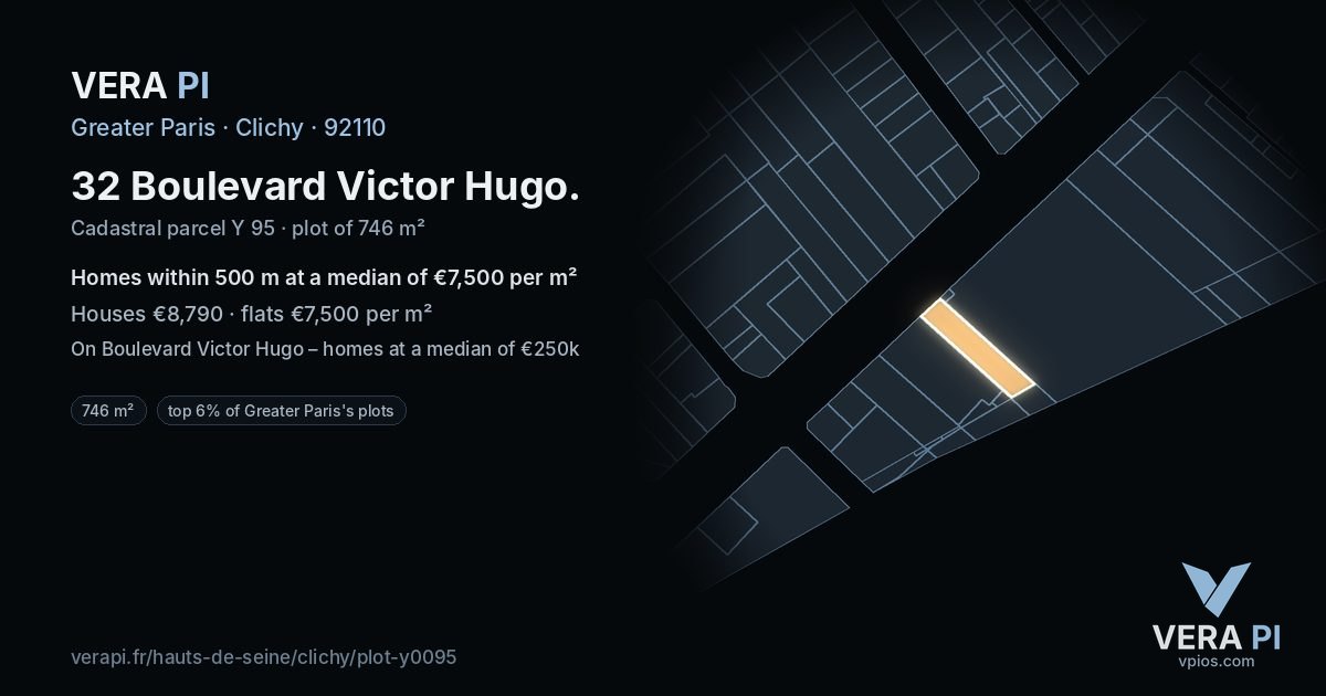 32 Boulevard Victor Hugo, Clichy at night – the plot lit, the parcels around coloured by the prices near them