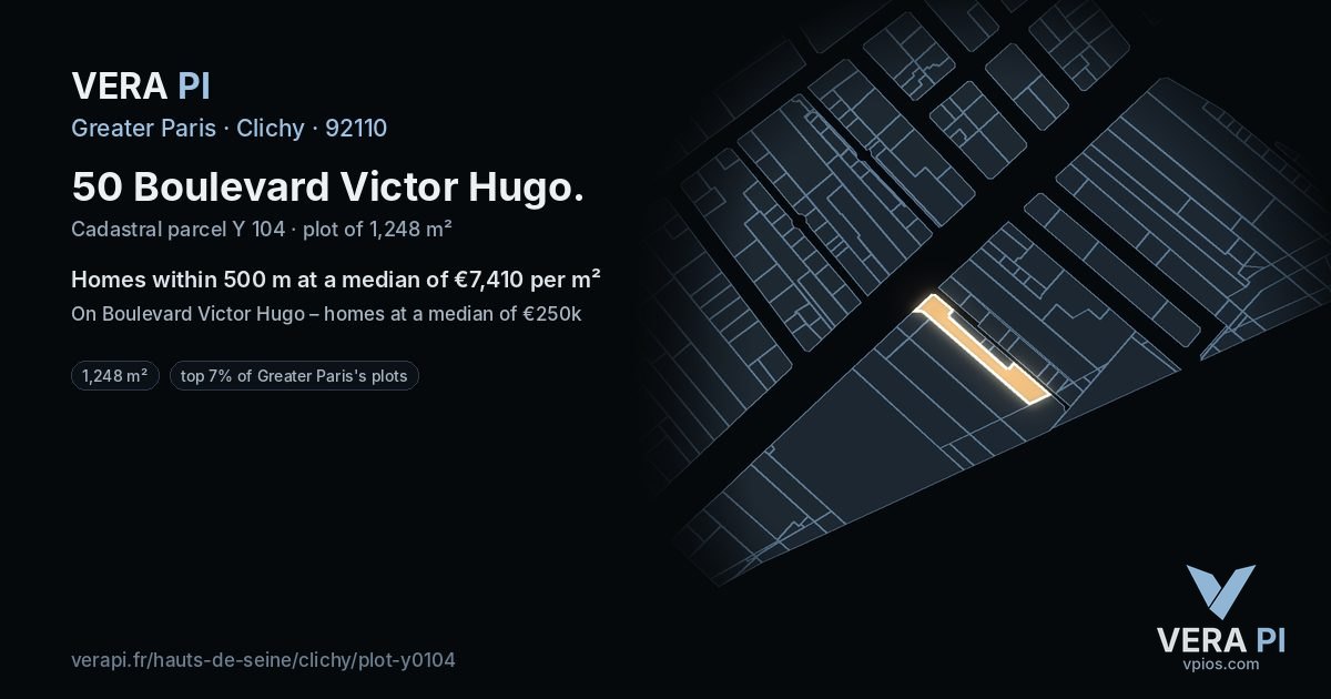 50 Boulevard Victor Hugo, Clichy at night – the plot lit, the parcels around coloured by the prices near them