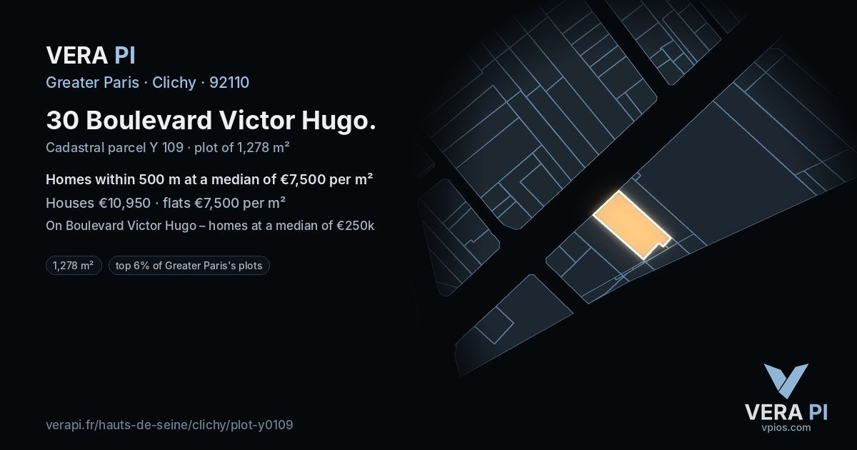 30 Boulevard Victor Hugo, Clichy at night – the plot lit, the parcels around coloured by the prices near them