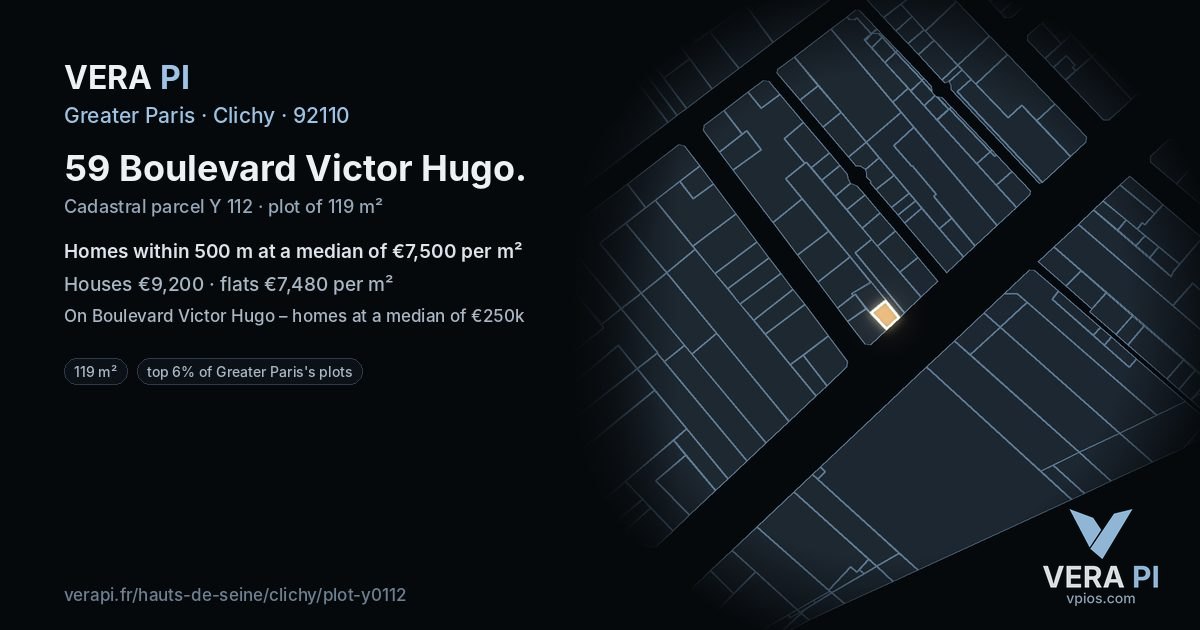59 Boulevard Victor Hugo, Clichy at night – the plot lit, the parcels around coloured by the prices near them