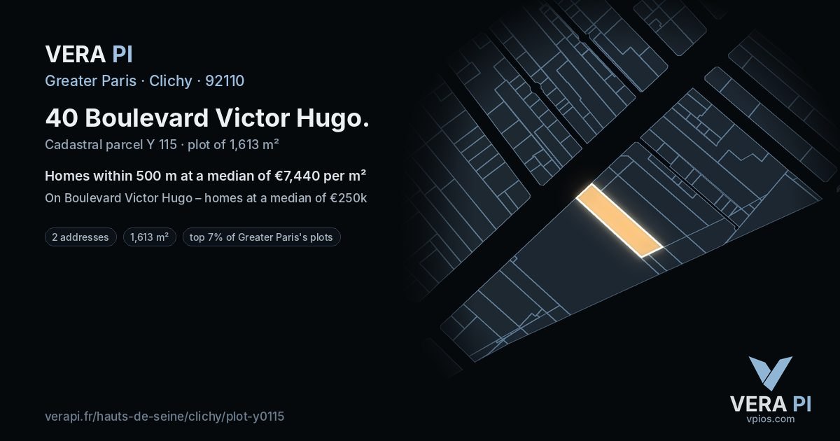 40 Boulevard Victor Hugo, Clichy at night – the plot lit, the parcels around coloured by the prices near them