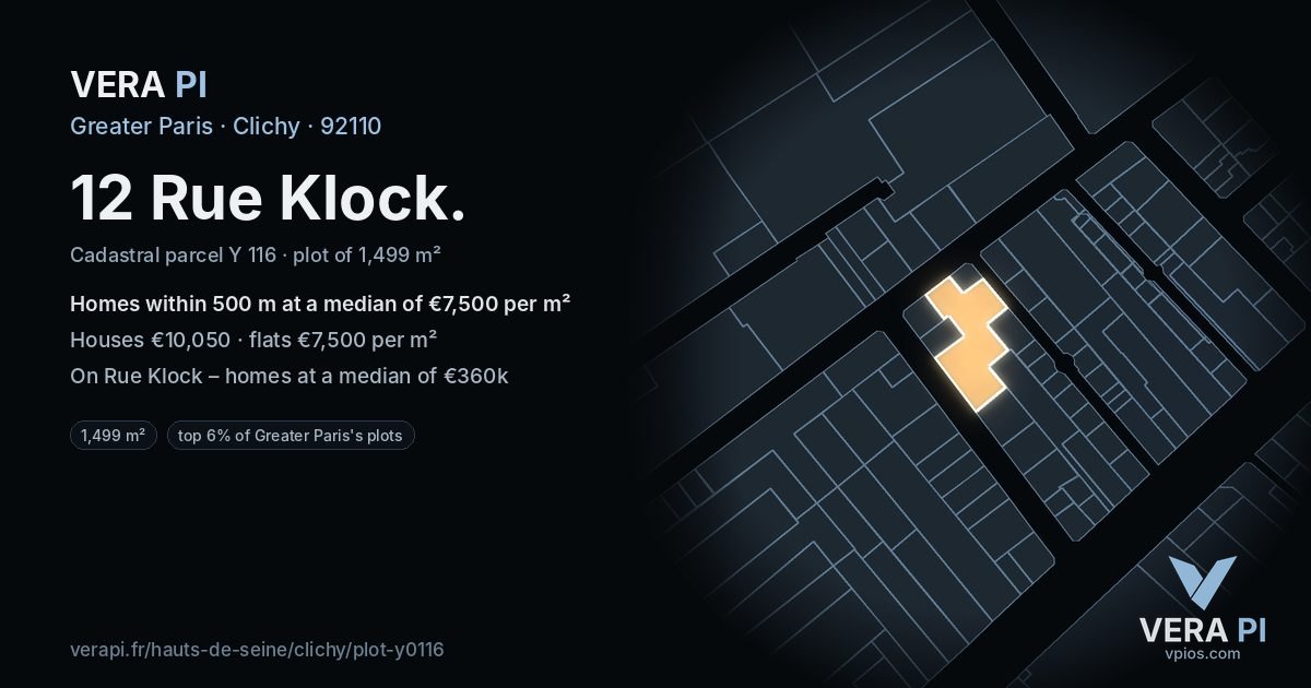 12 Rue Klock, Clichy at night – the plot lit, the parcels around coloured by the prices near them