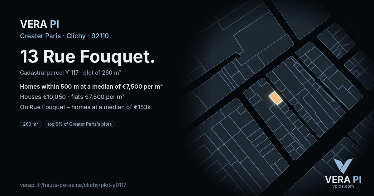 13 Rue Fouquet, Clichy at night – the plot lit, the parcels around coloured by the prices near them