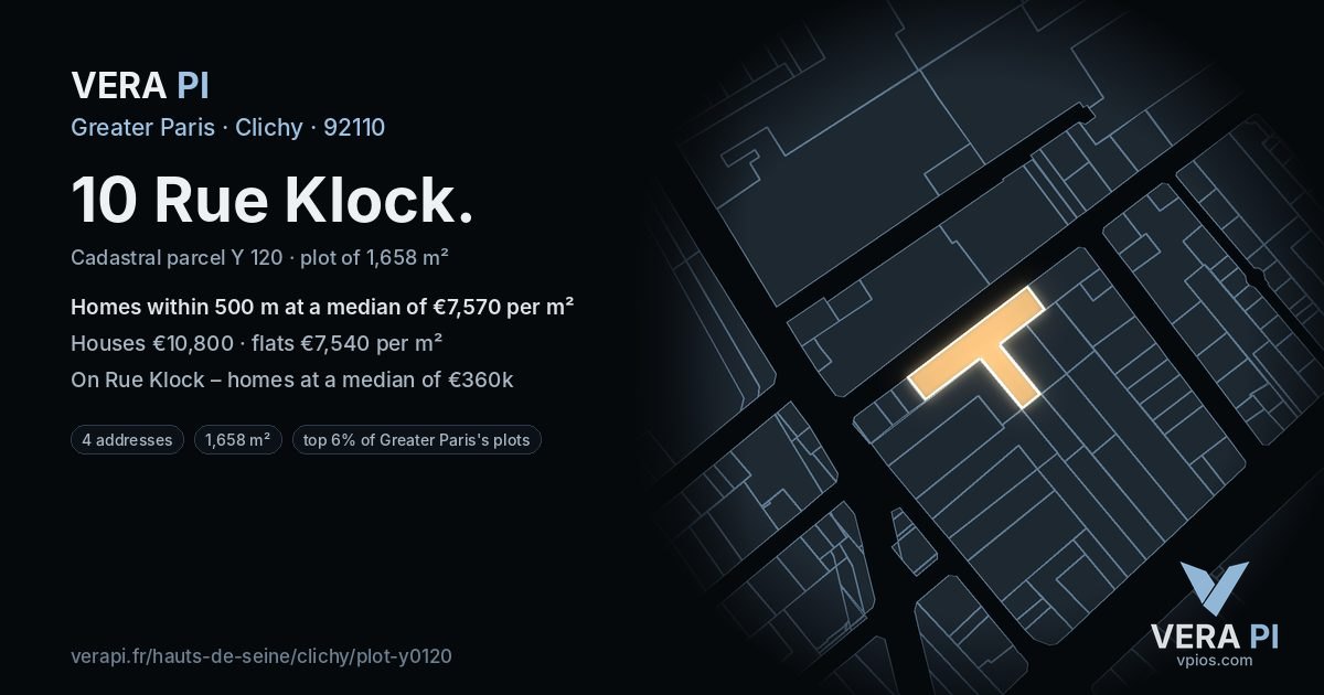 10 Rue Klock, Clichy at night – the plot lit, the parcels around coloured by the prices near them