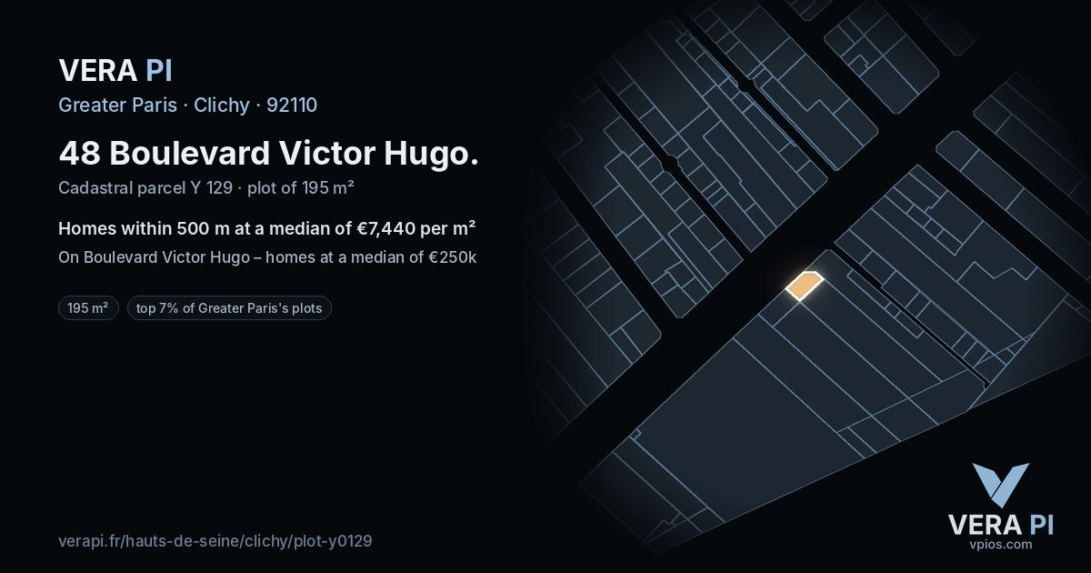 48 Boulevard Victor Hugo, Clichy at night – the plot lit, the parcels around coloured by the prices near them