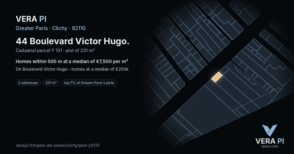 44 Boulevard Victor Hugo, Clichy at night – the plot lit, the parcels around coloured by the prices near them